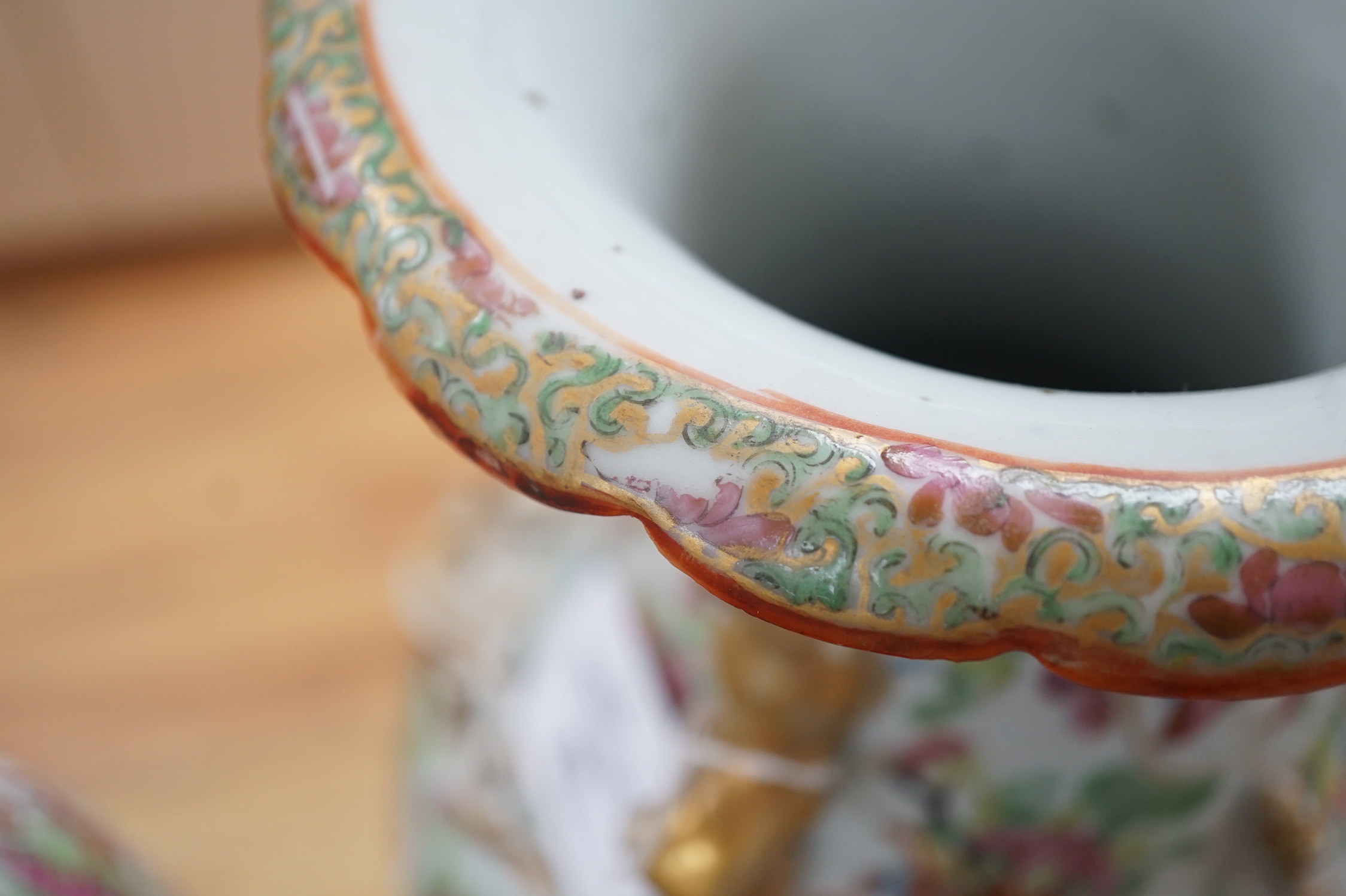 A large pair of 19th century Chinese export famille rose vases, 45cm (a.f.)